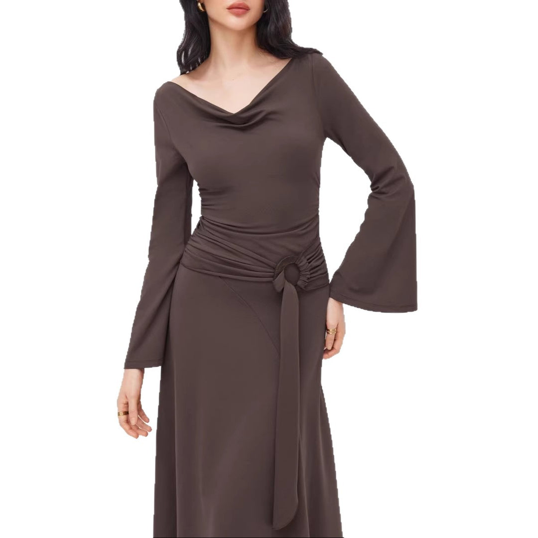 Damen Asymmetrisches Midikleid mit Wasserfallkragen, Glockenärmeln und seitlichem Ringdetail Drune
