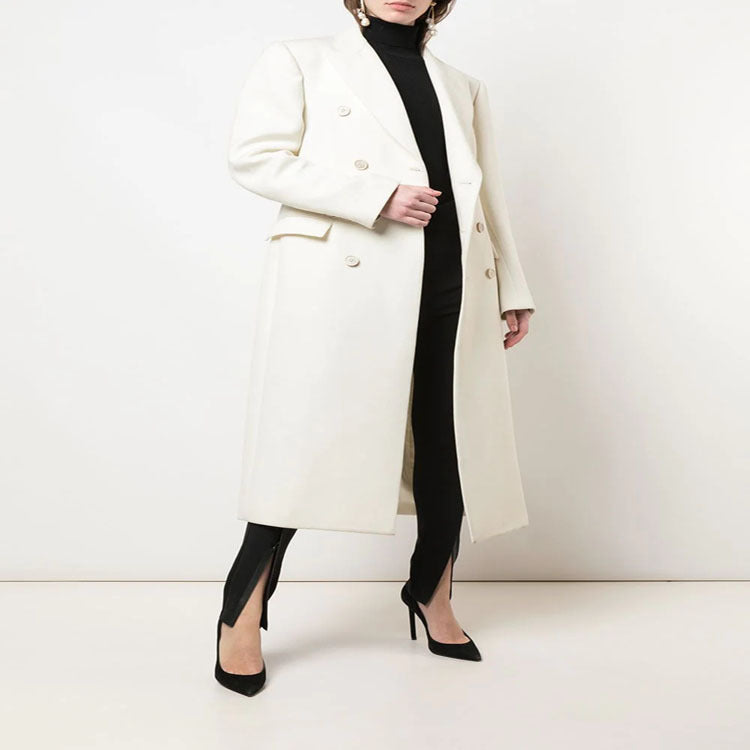 Damen Schmal geschnittener zweireihiger Wollmix‑Longcoat mit markanter Schulter Drune