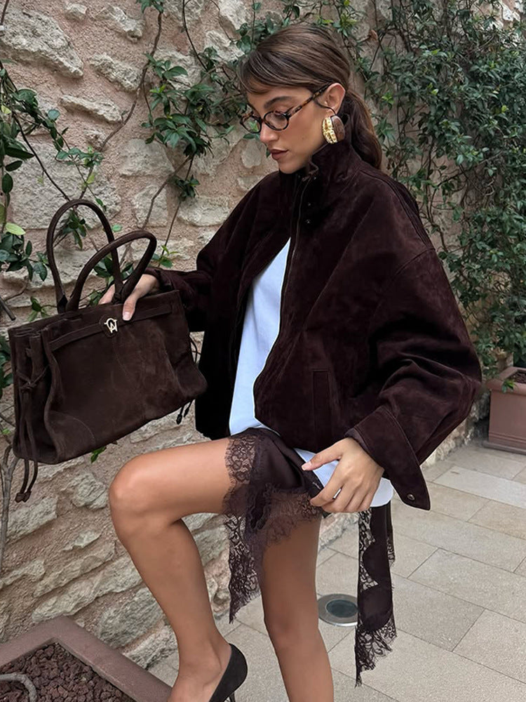 Damen Kurz geschnittener Veloursleder-Blouson mit hohem Stehkragen, kastiger Oversize‑Silhouette und verdecktem Reißverschluss Drune