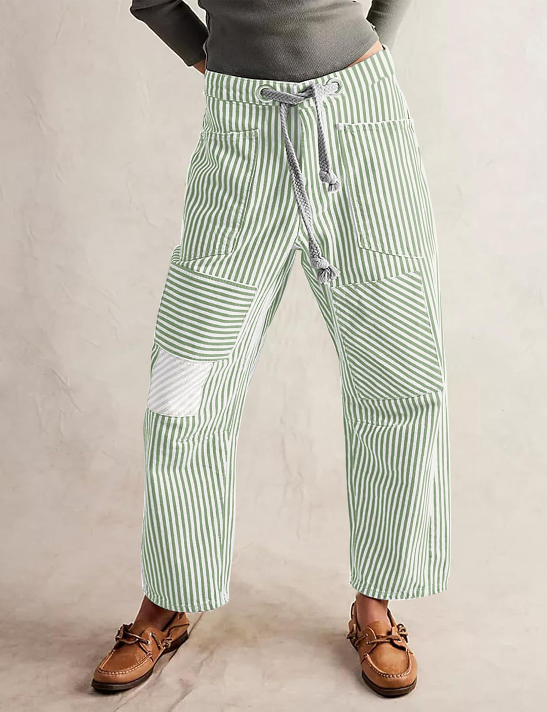 Damen nan lässige gestreifte Leinenhose mit Kordelzug und aufgesetzten Taschen Drune