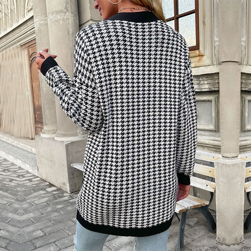 Damen Modischer Strickcardigan mit Hahnentritt-Muster Drune