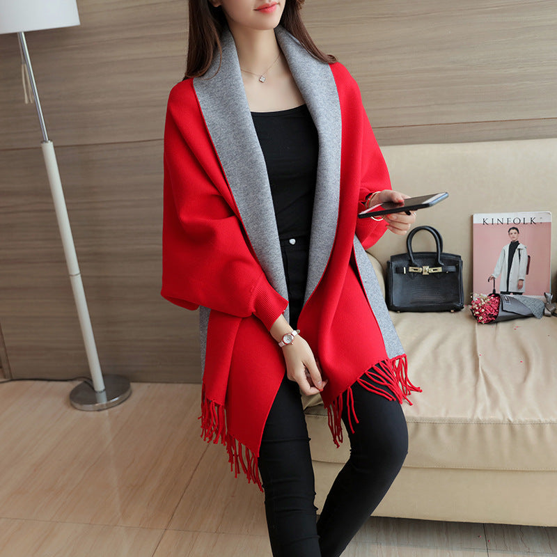 Damen eleganter Schal mit Fransen und kontrastierenden Farbdetails Drune