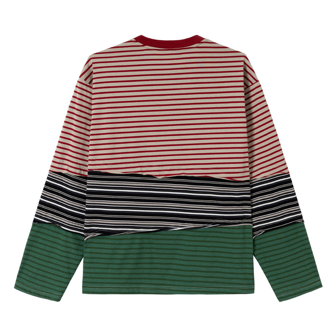 Damen Gestreiftes Langarm-Cropped-Shirt mit Colorblock und Rundhalsausschnitt Drune