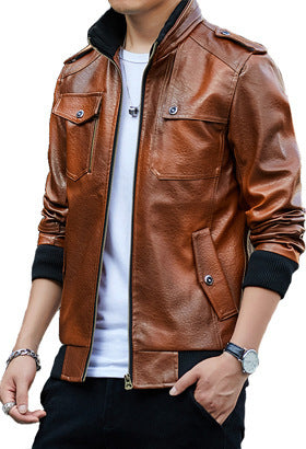 Herren Kunstleder-Flightjacke mit Brust- und Reißverschlusstaschen, Stehkragen und Rippbündchen Drune