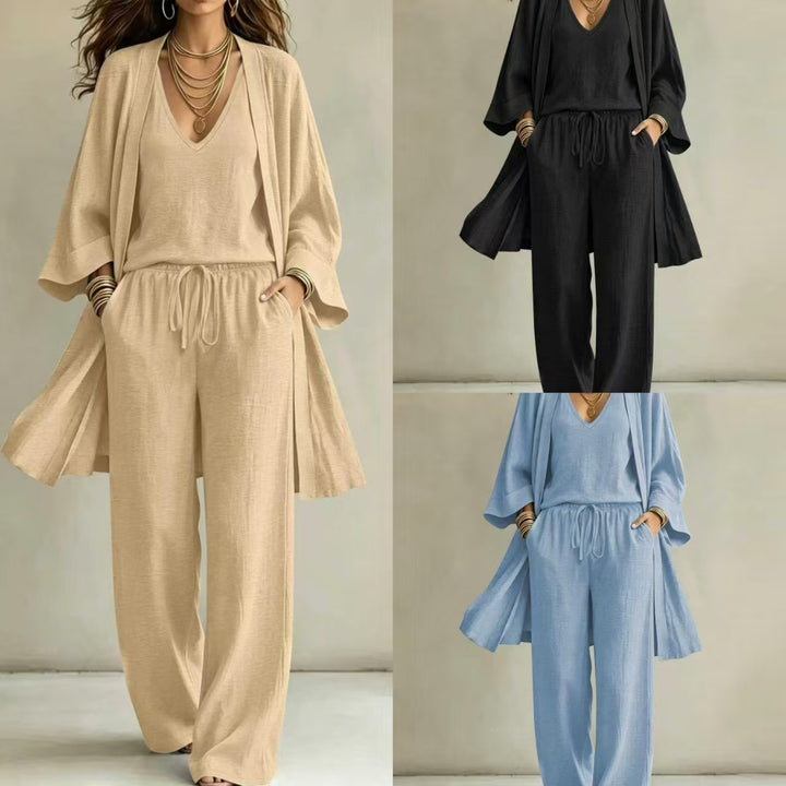 Damen Leichtes Lounge-Set mit Kimono-Cardigan, V‑Ausschnitt-Top und weitem Kordelbund-Hose Drune