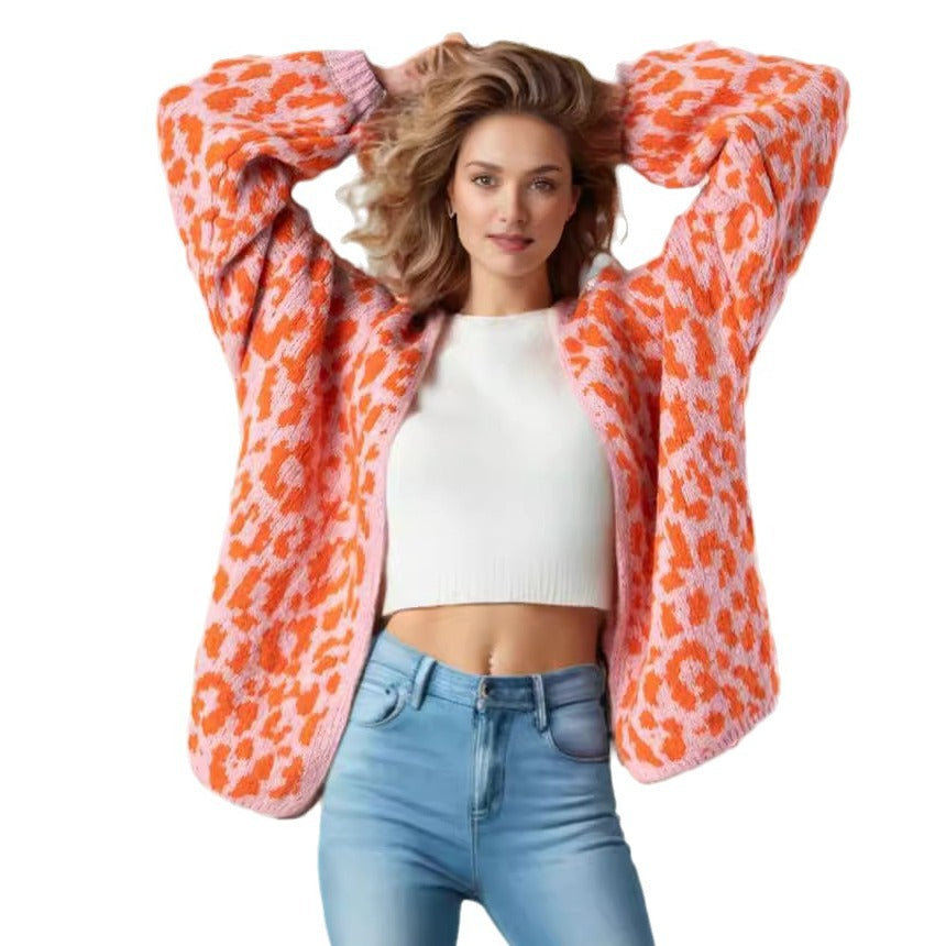 Damen Oversized Strickjacke mit trendy Leopardenmuster und voluminösen Ärmeln Drune