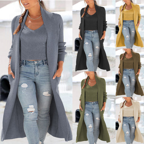 Damen Longline-Strickset mit offenem Longcardigan, Schalkragen und geripptem Crop-Top Drune