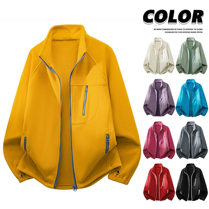 Unisex Leichte Fleecejacke mit Stehkragen, Raglanärmeln und multiplen Reißverschlusstaschen Drune