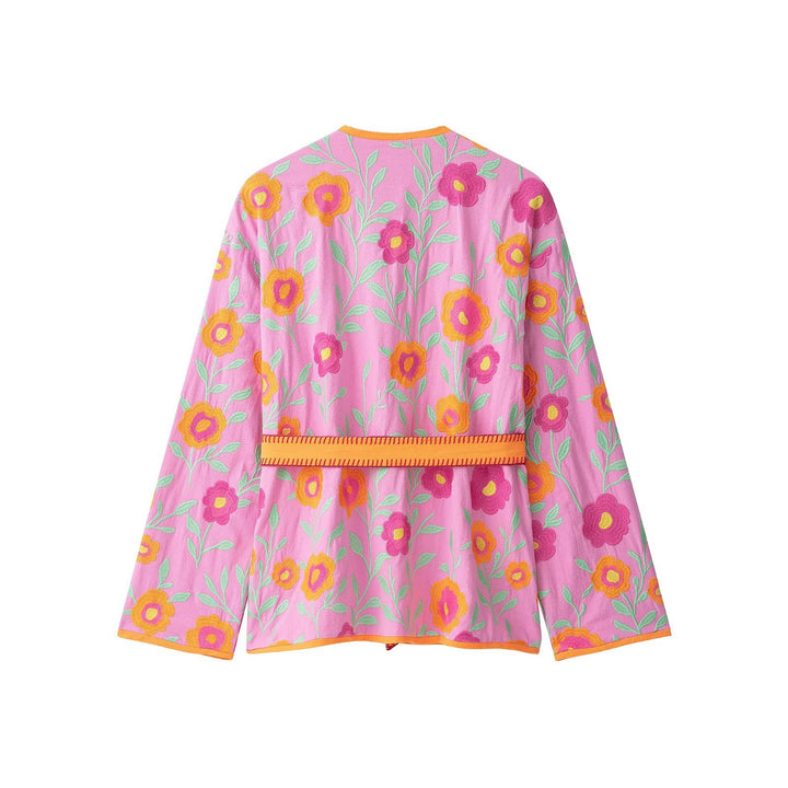 Damen Bestickter Kurzkimono aus Baumwollmischung mit Bindegürtel und V-Ausschnitt Drune