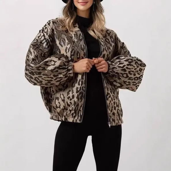 Damen modische Bomberjacke mit auffälligem Leopardenmuster Drune