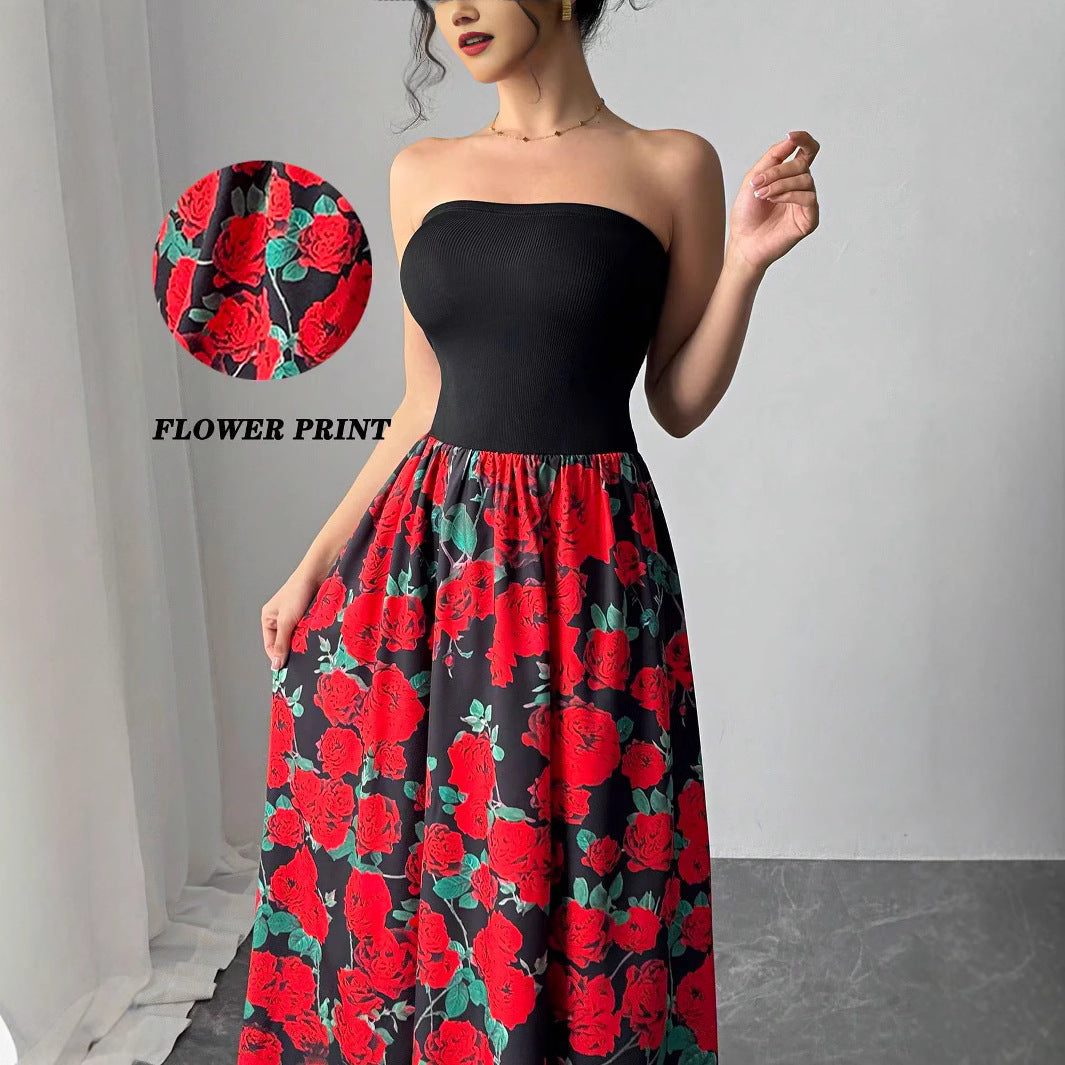 Damen nan trägerloses Maxikleid mit figurbetontem Bandeau-Oberteil und ausgestelltem Rosen-Print-Rock Drune