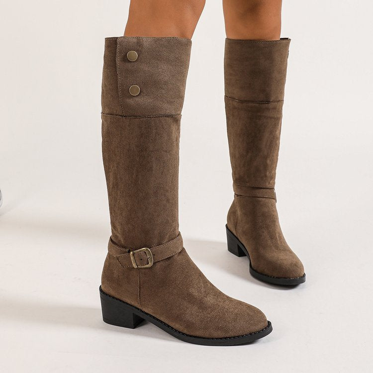 Damen kniehohe Velourslederstiefel mit niedrigem Blockabsatz und Zierriemen Drune