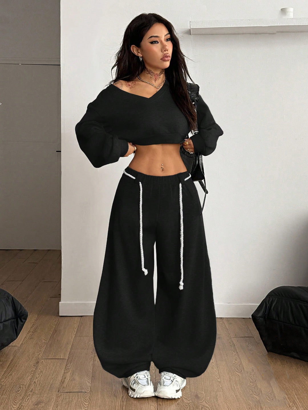 Damen lässiges Crop-Top und weite Hose Set Drune