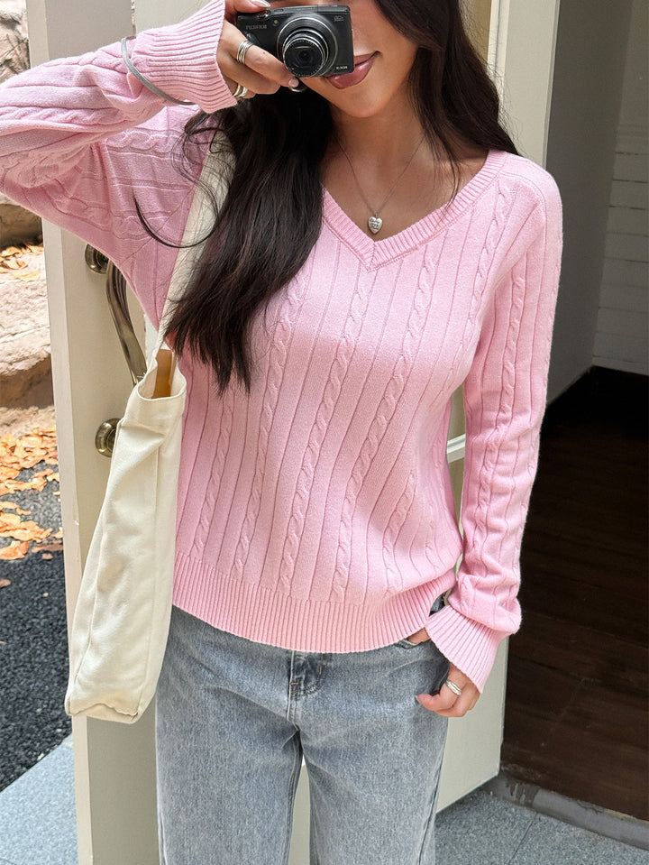Damen Strickpullover mit V-Ausschnitt und feinem Zopfmuster Drune