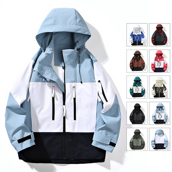 Herren Wasserabweisende Colorblock-Outdoorjacke mit Kapuze, Mehrfach-Reißverschlusstaschen und verstellbaren Bündchen Drune