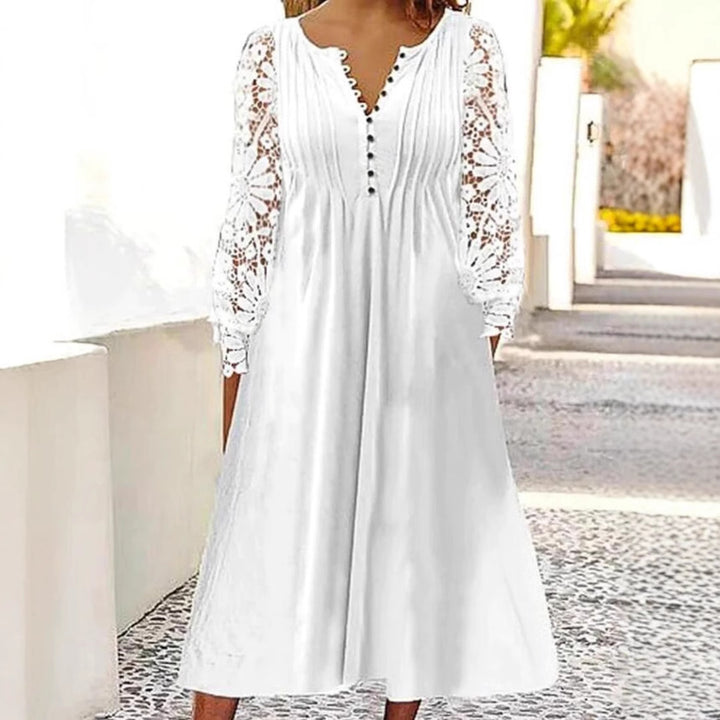 Damen nan wadenlanges A-Linien-Sommerkleid mit gehäkelten Langärmeln, Biesenoberteil und Zierknopfleiste Drune