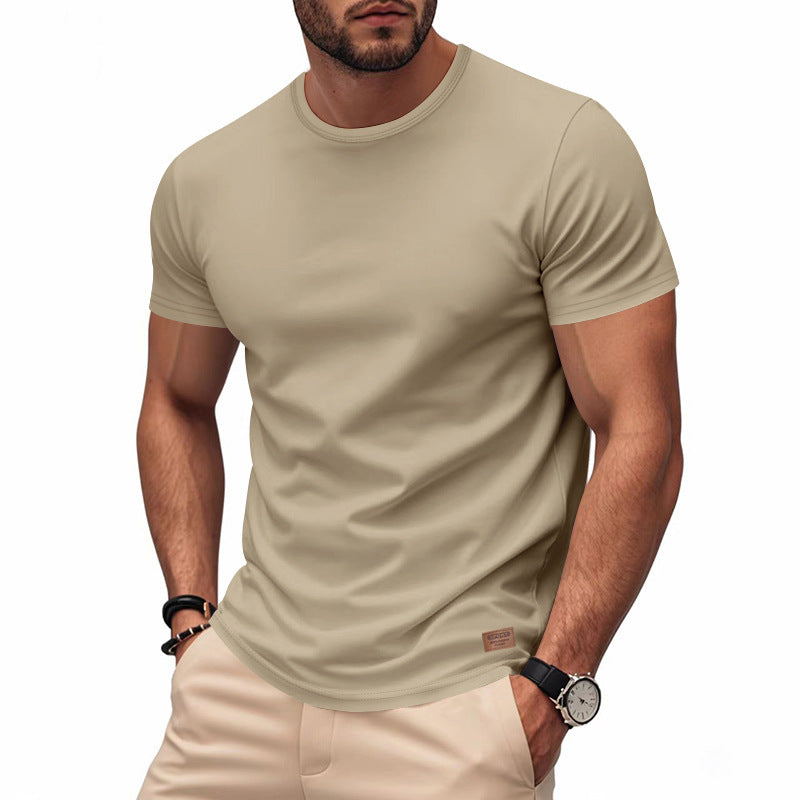 Herren nan schlankes Rundhals-T-Shirt aus glattem Stretchjersey mit dezenter Leder-Logoapplikation Drune