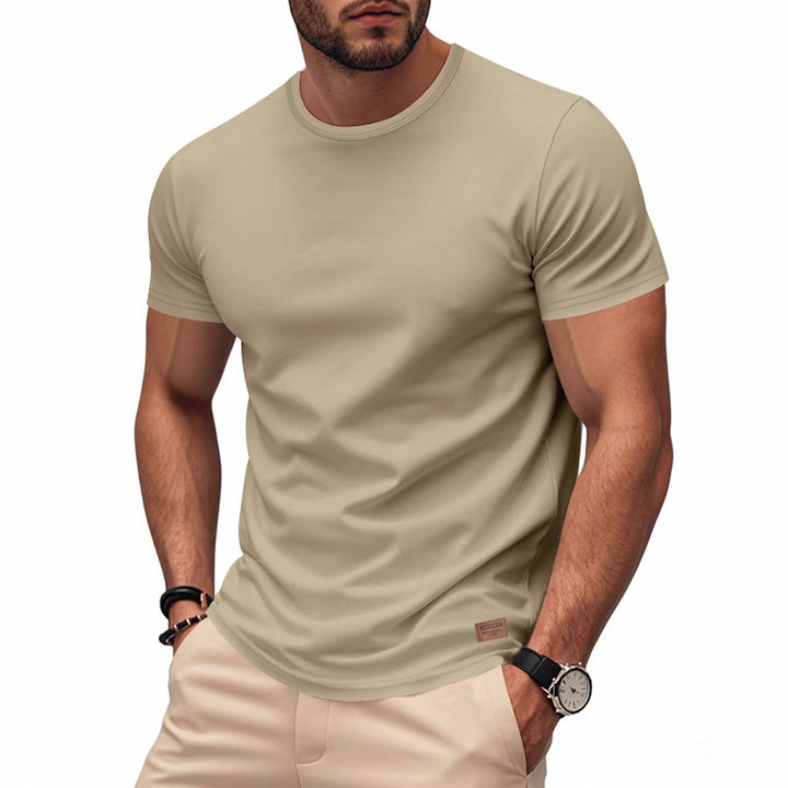 Herren nan schlankes Rundhals-T-Shirt aus glattem Stretchjersey mit dezenter Leder-Logoapplikation Drune