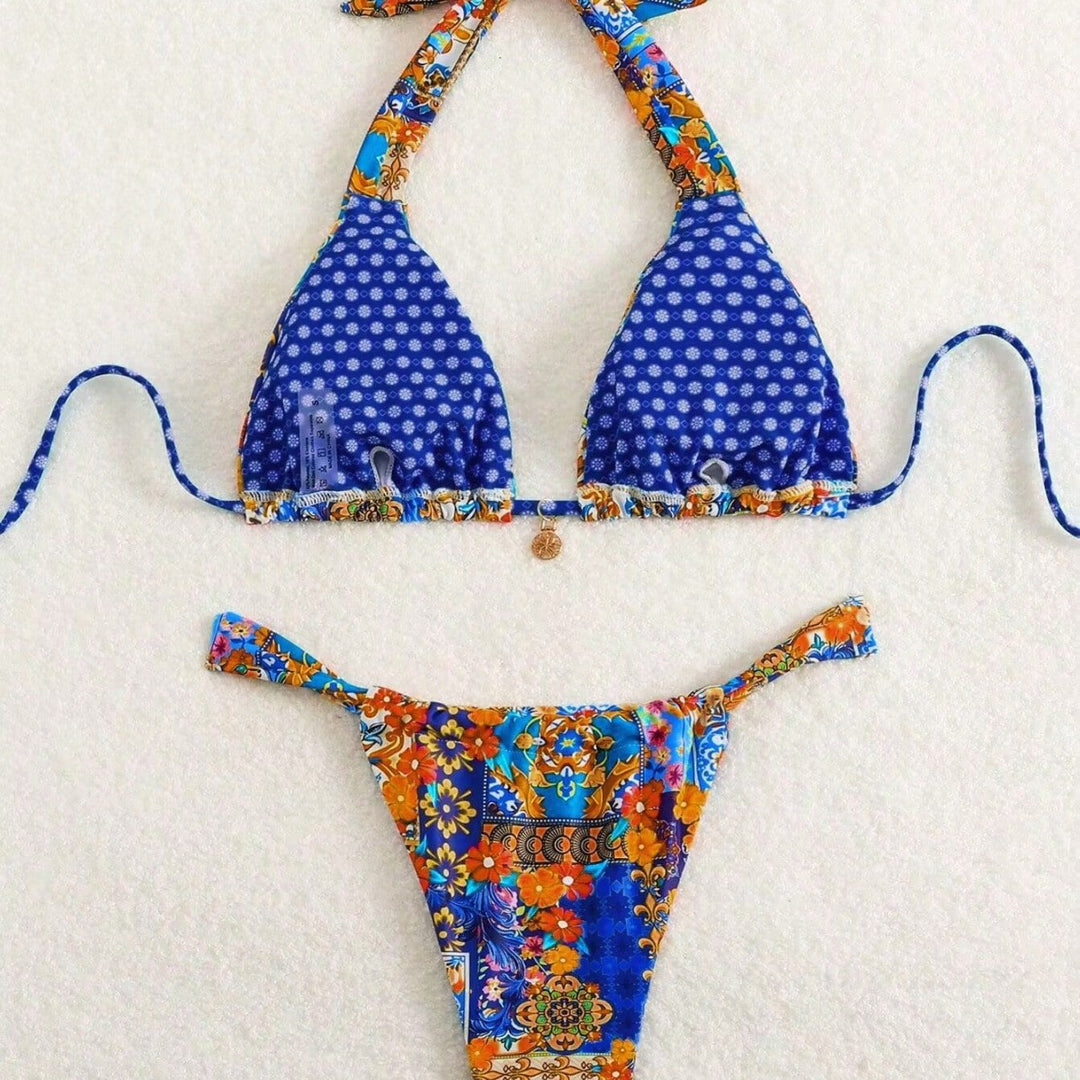 Damen Triangel-Bikini mit floralen Mustern und verspielten Bindebändern Drune