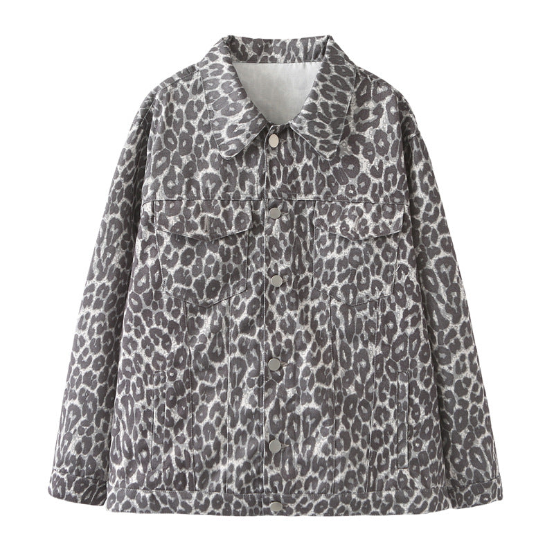 Damen nan weite Jeansjacke im Boxy‑Cut mit Leopardenmuster, Druckknopfleiste und aufgesetzten Brusttaschen Drune
