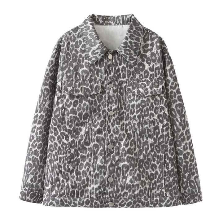 Damen nan weite Jeansjacke im Boxy‑Cut mit Leopardenmuster, Druckknopfleiste und aufgesetzten Brusttaschen Drune