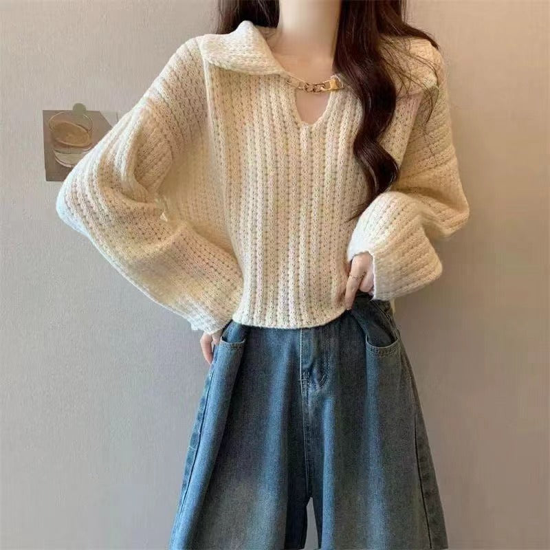 Damen lässiger Pullover mit V-Ausschnitt und Rippstruktur Drune