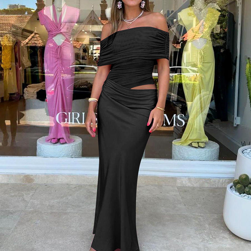 Damen elegantes Off-Shoulder Maxikleid mit figurformendem Wickeldesign Drune