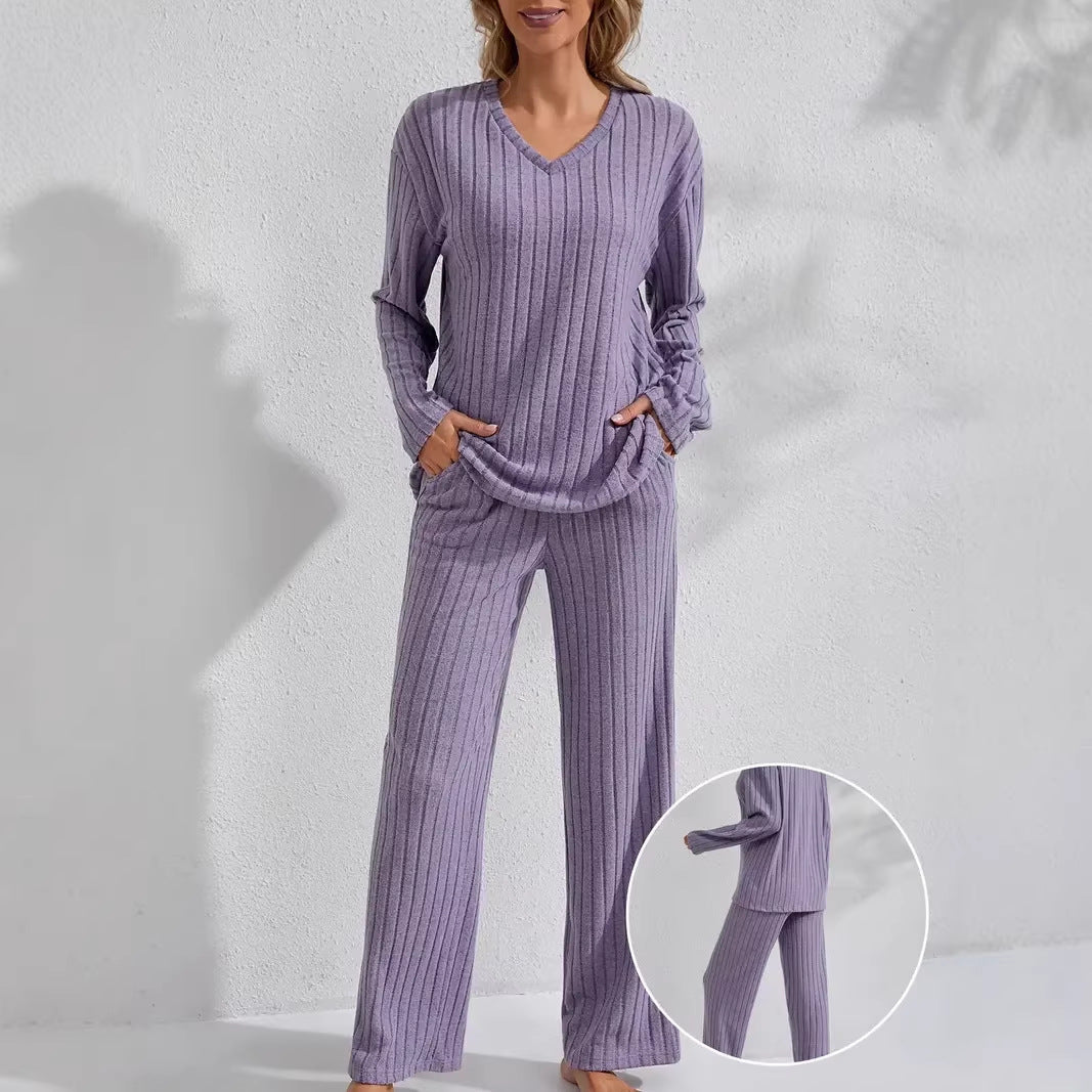 Damen Zweiteiliges geripptes Lounge-Set mit V-Ausschnitt und weitem Bein Drune