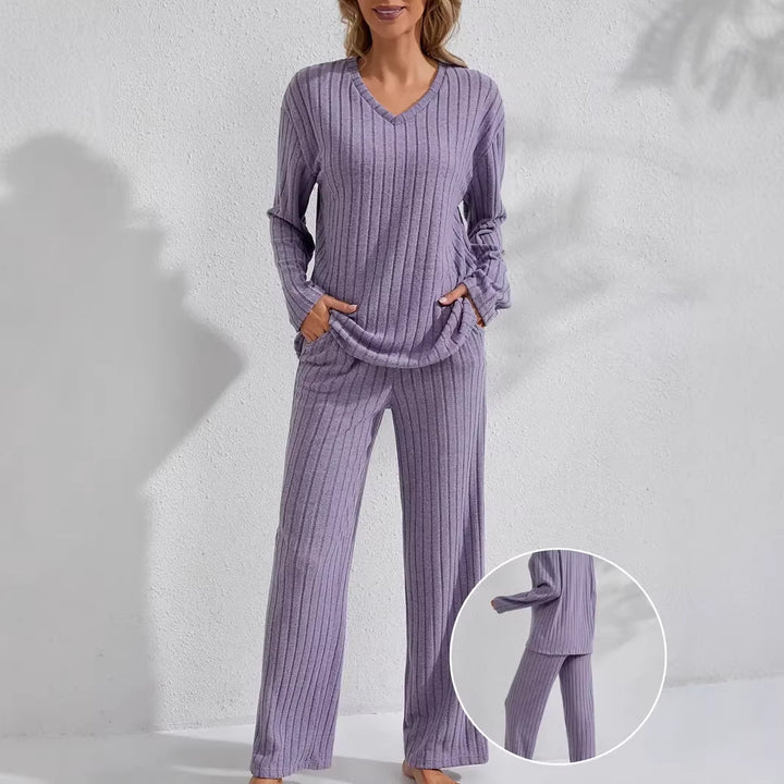 Damen Zweiteiliges geripptes Lounge-Set mit V-Ausschnitt und weitem Bein Drune