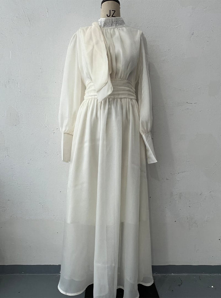 Damen Elegantes Chiffon-Maxikleid mit tailliertem Wickelbund, Stehkragen und langen Puffärmeln Drune