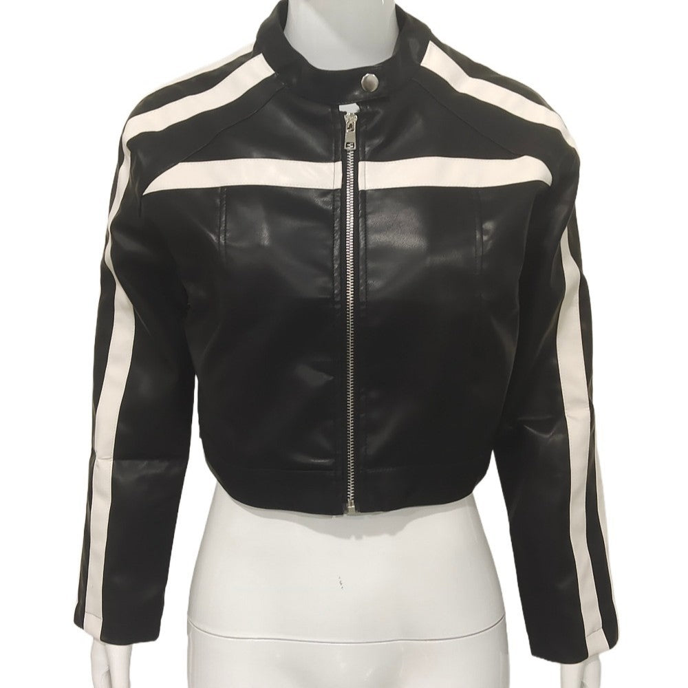 Damen Kurzjacke aus Kunstleder im Racing-Look mit Kontraststreifen und Stehkragen Drune