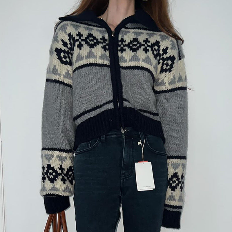 Damen Strickjacke mit floralem Muster und hoher Kragen Drune