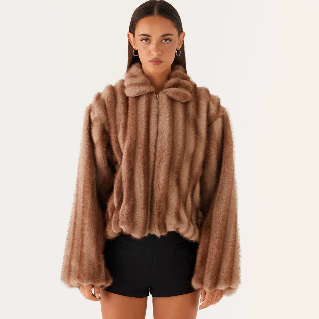 Damen Kurzjacke aus luxuriösem Hochflor-Kunstpelz mit Reißverschluss und voluminösen Ärmeln Drune