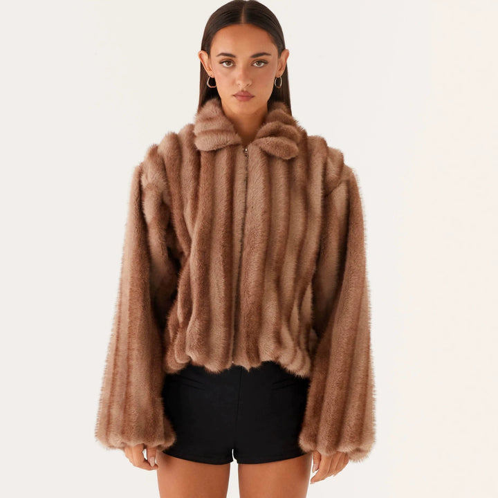 Damen Kurzjacke aus luxuriösem Hochflor-Kunstpelz mit Reißverschluss und voluminösen Ärmeln Drune