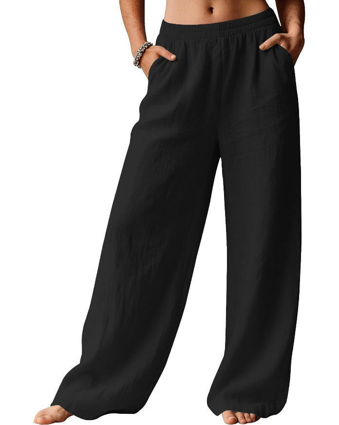 Damen bequeme weite Leinenhose mit elastischem Bund Drune