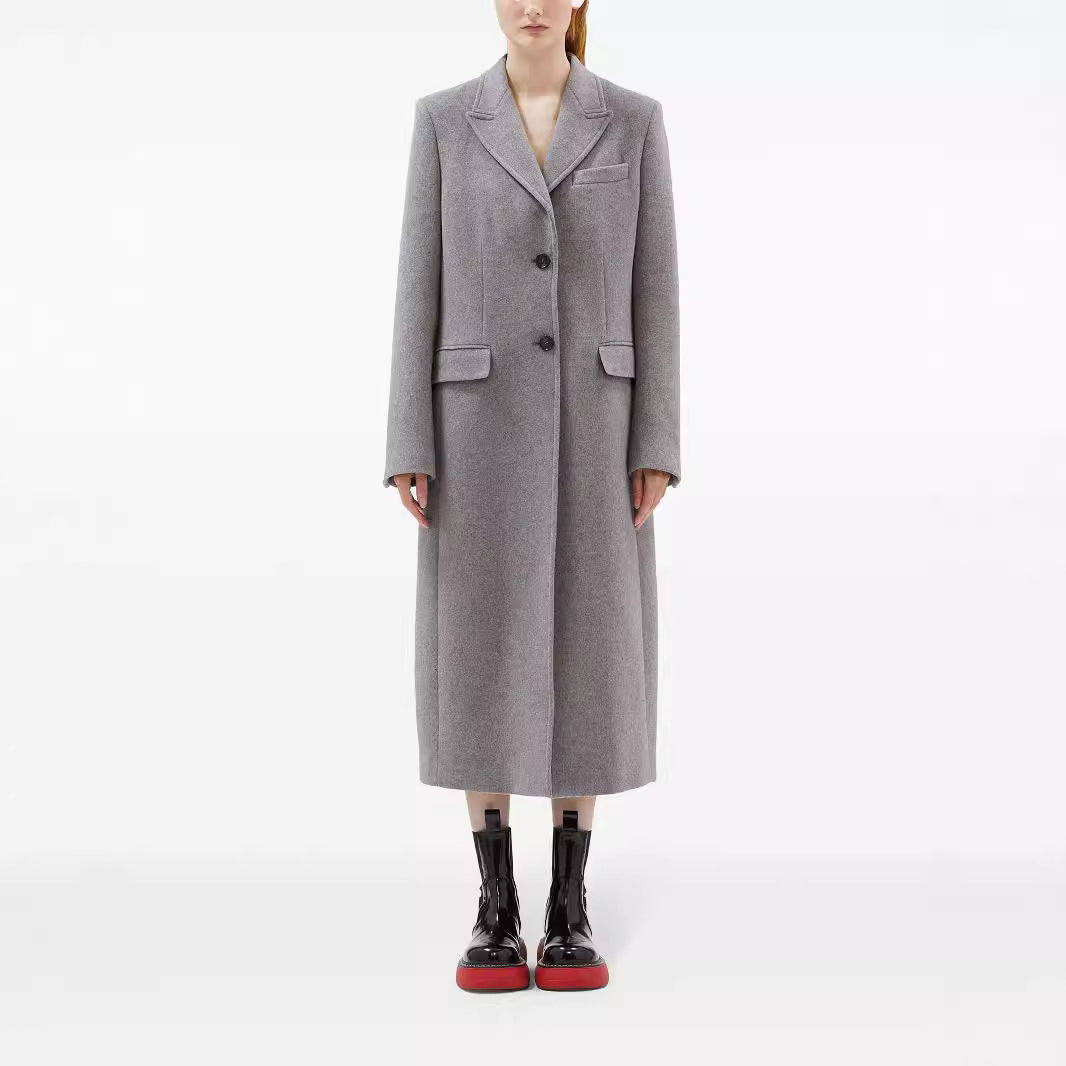 Damen Maxilanger Einreihiger Longcoat im minimalistischen Tailoring mit Pattentaschen Drune