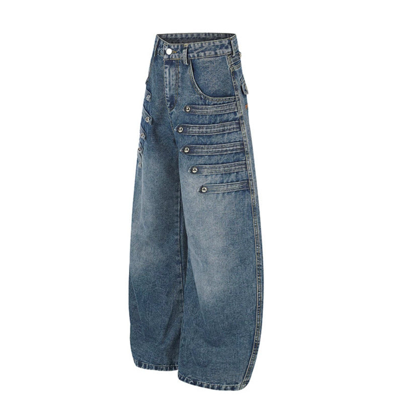 Damen Weite Denim-Palazzo-Jeans mit dekorischen Riegelnähten und Zierknopf-Details Drune