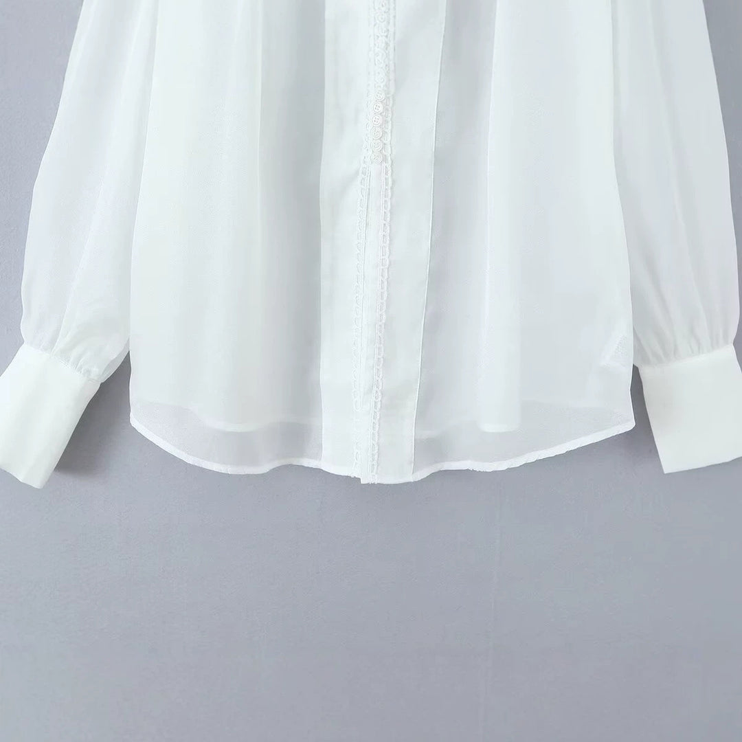 Damen Transparente Chiffon-Bluse mit Spitzenbesatz, Ballonärmeln und breiten Manschetten Drune