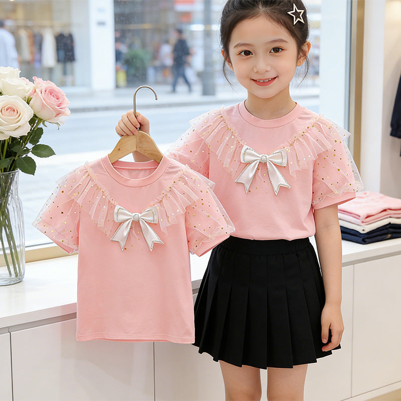 Mädchen T-Shirt mit Rüschendetails und transparenten Puffärmeln Drune