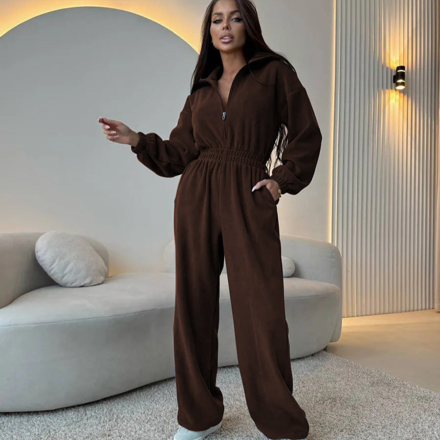 Damen Oversized Loungewear-Jumpsuit mit halbem Reißverschluss und elastischer Taillenraffung Drune