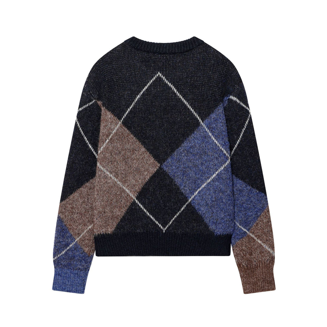 Damen nan kurz geschnittener Argyle-Strickpullover mit Rundhals, Raglanärmeln und geripptem Bund Drune