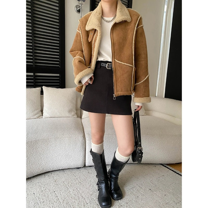 Damen lässige Kunstlederjacke mit samtigem Futter und Kontrastnähten Drune