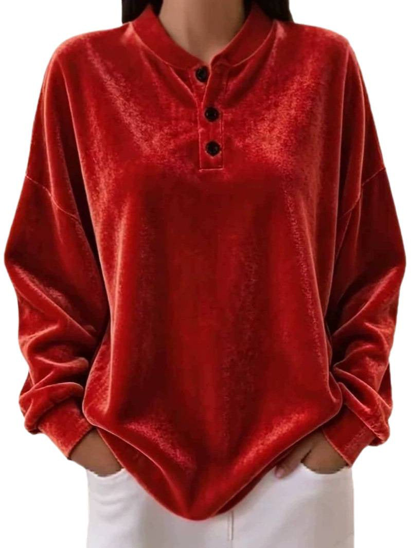 Damen Samt-Henley-Sweatshirt oversized mit Knopfleiste und überschnittener Schulter Drune