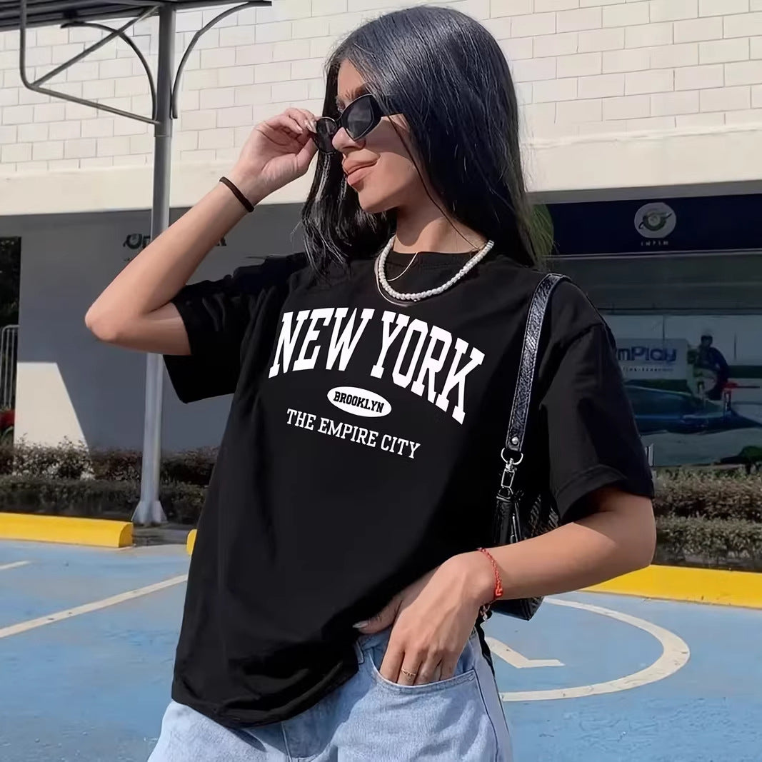 Damen lässiges Oversize T-Shirt mit New York Schriftzug Drune