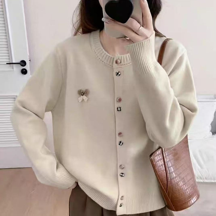 Damen gemütlicher Strickcardigan mit glänzenden Knöpfen und dekorativer Applikation Drune