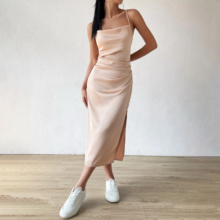 Damen Satin-Midikleid mit schmalen Trägern und elegantem Schlitz Drune