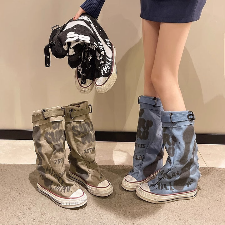 Damen Canvas-Gaiter-Boots mit integrierter Sneaker-Sohle und verstellbarem Schnallenriemen Drune