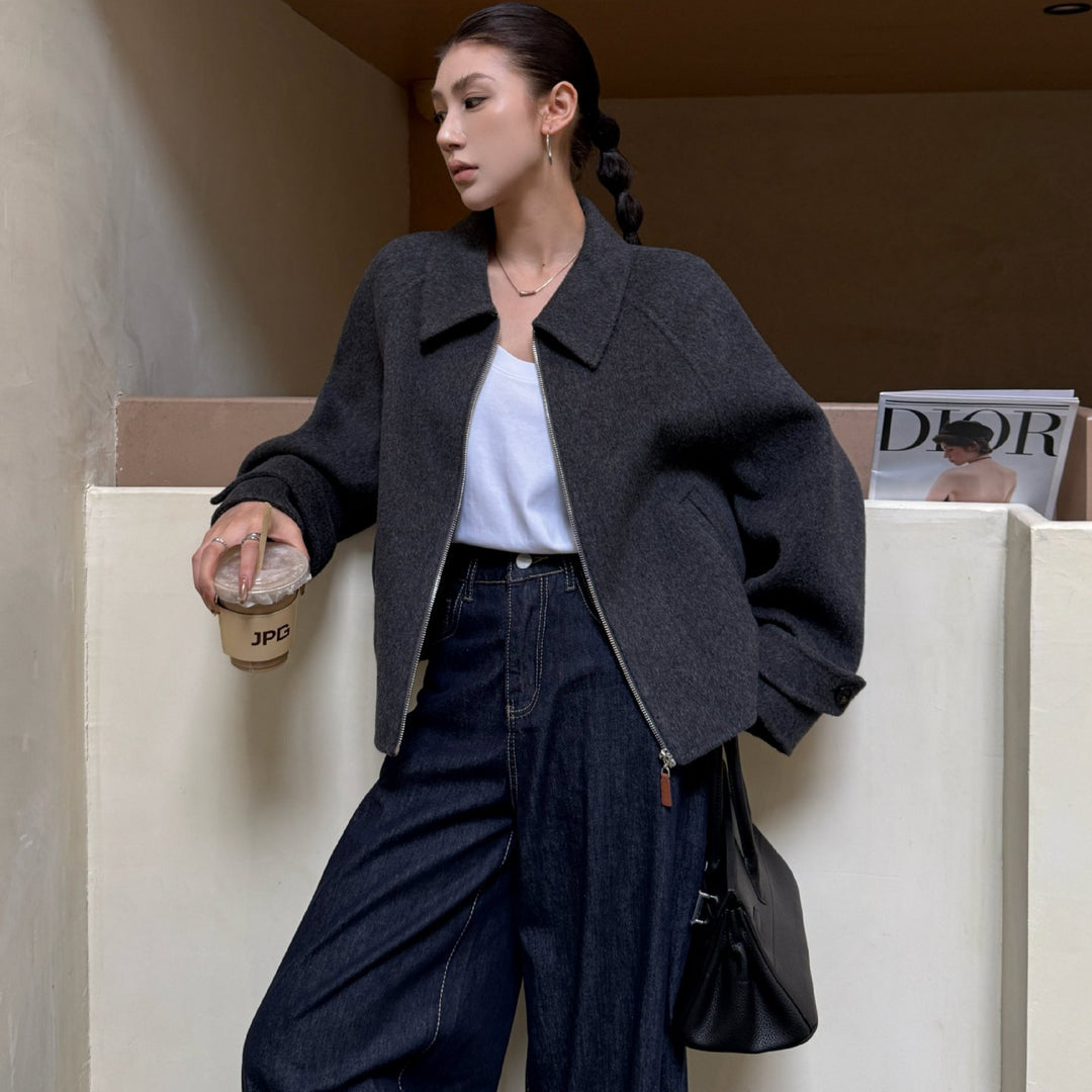 Damen Kurzjacke aus Wollmix mit Reißverschluss und weitem Kragen Drune