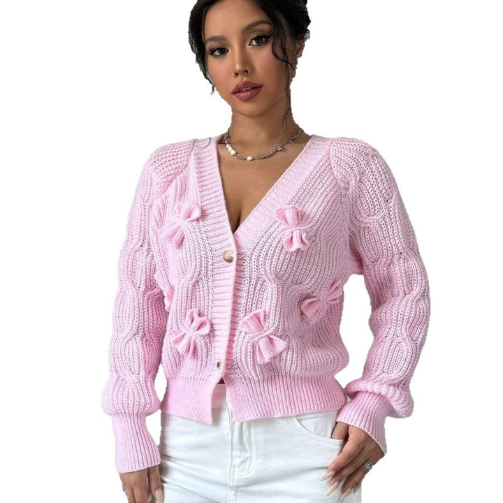 Damen Grob gestrickte Cardigan mit Blumenverzierungen und V-Ausschnitt Drune