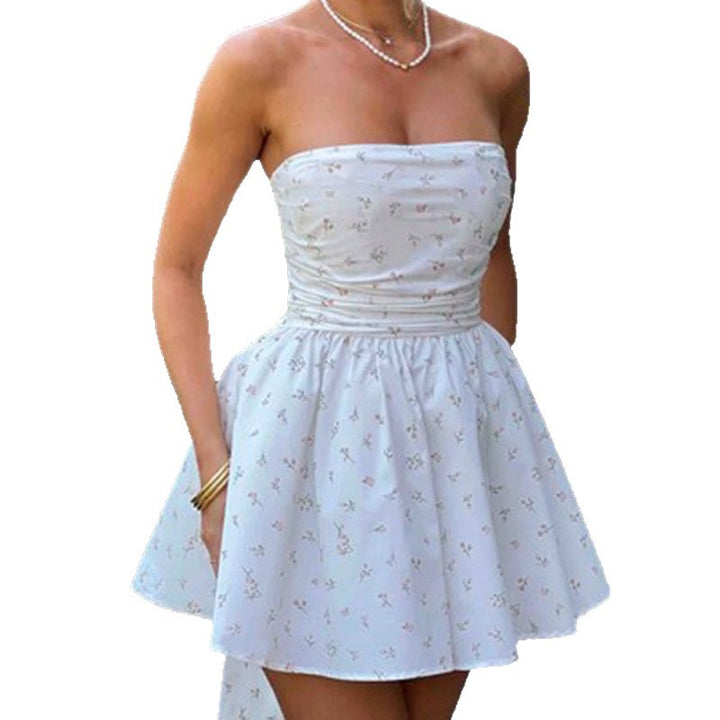 Damen Charmantes Trägerloses Sommerkleid mit floralem Design und gerafftem Rock Drune